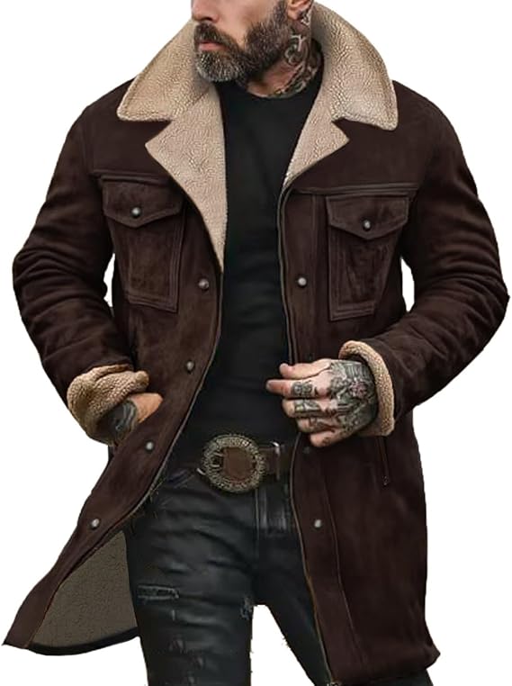 Mens Western Cowboy Vintage Suede Jacket Plush Collar Coats Faux Leather Winter Long Jackets Zip Up Casual Retro Tops