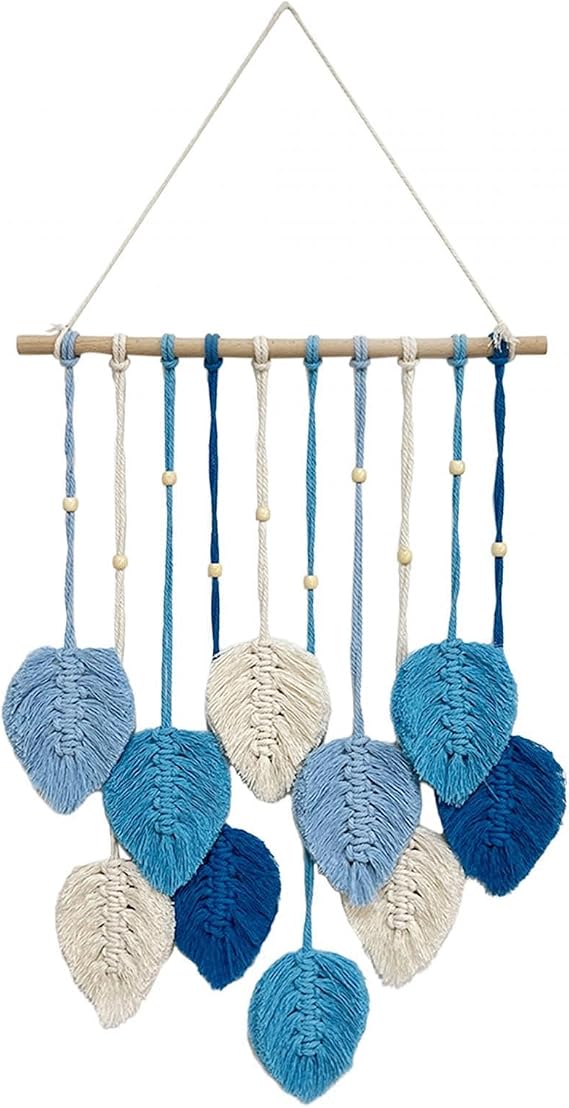 Yajuyi Leaves Woven Tapestry Macrame Wall Hanging Tassel Macrame Craft Handmade Ornament Wall Decor Leaf Tassels for Living Room, Blue