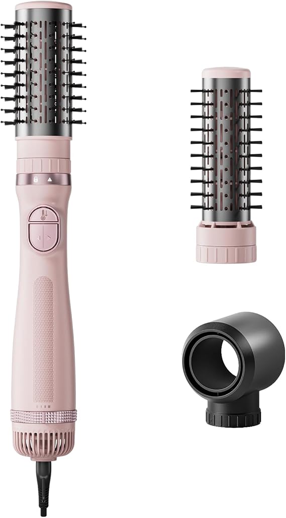 Rotating Hair Dryer Brush, Blow Dryer Brush with 3 Heads for Drying Styling Volumizing Curling Sleeking in One Step, 3 Temperatures, Negative Ionen, Ceramic Coating, 360 Rotating, Pink