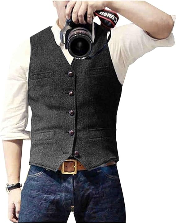 Mens Suit Vest Waistcoat Tweed Retro V Neck Wool Herringbone For Men