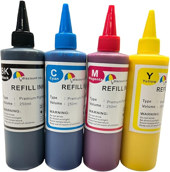 Inkpro 4x250ml Pigment Refill Ink Bottles Compatible for All Epson Workforce Epson EcoTank HP Officejet HP Deskjet Brother MFC Canon Pixma Printers Model