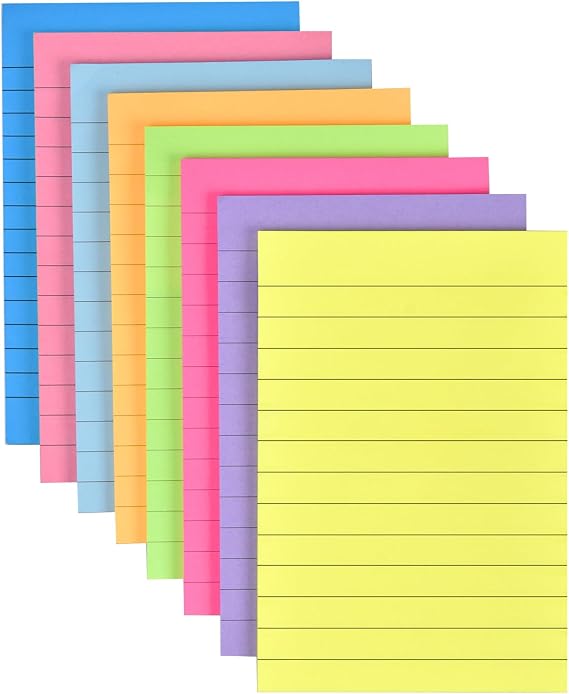 8 Pack Lined Sticky Notes 4x6 Bright Colors Self-Stick Note Pads with Line, 8 Colors Bulk Sticky Memo Pad for School, Office, Meeting