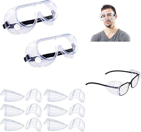 2 Pack Safety Goggles & 6 Pairs Glasses Side Shields for Eye Glasses, Safety Glasses with Side for Eye Protection, Perfect for Construction, Shooting, Lab Work