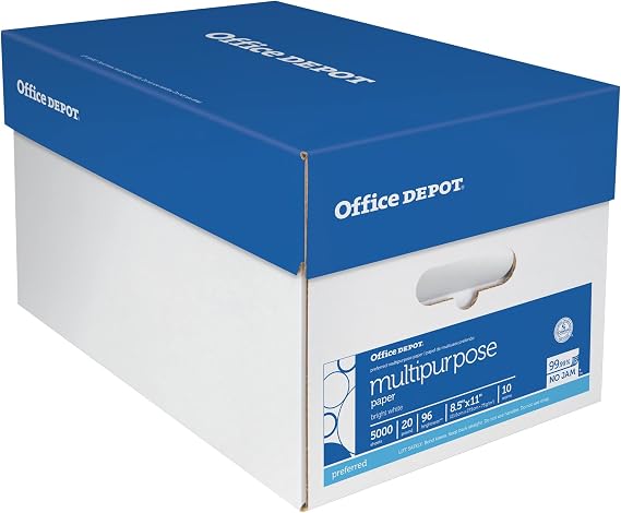 Office Depot Multi-Use Printer & Copy Paper, 10 Reams, White, Letter (8.5" x 11"), 5000 Sheets Per Case, 20 Lb, 96 Brig