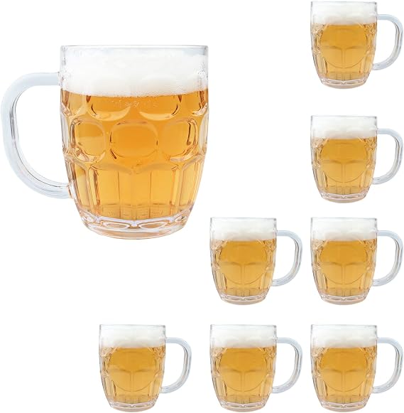 Beer Mugs with Handles, 20 ounce Beer Mug, Plastic German Beer Steins, Heavy Large Beer Glasses with Handle, Reusable, Dimple Stein Beer Mug, Beer Mug Set of 8
