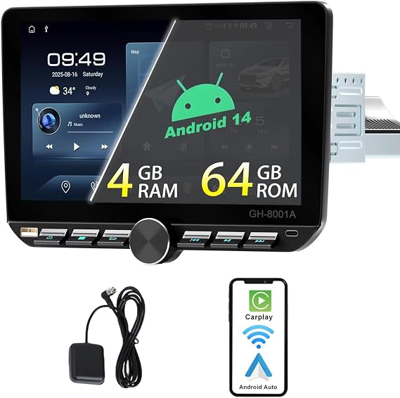 Single DIN Android 14 (4G+64GB) Car Stereo with Touchscreen (10.1") Compatible with Wireless Apple Carplay Android Auto Radio AM/FM RDS Bluetooth Navigation GPS Wi-Fi Type-C USB Mirror Link