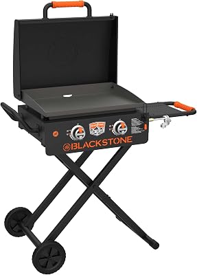 BLACKSTONE 22 On The Go Scissor-Leg Griddle with Two Burners -Stainless Steel Gas Griddle with Hood, Wheels, Side Shelf Heavy Duty Outdoor Stainless Steel Griddle for Backyard, Patio Camping 1935