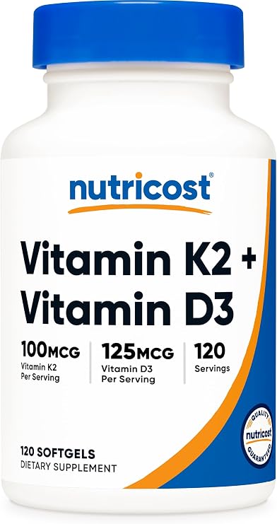Nutricost Vitamin D3 + K2 (5000 IU D3 / 100mcg MK7) 120 Softgels, GMO-Free