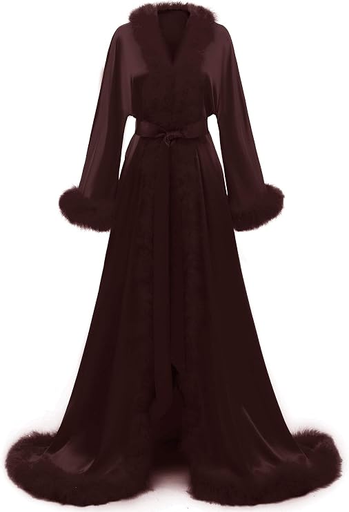 Yexinbridal Feather Bridal Robe Silk Satin Luxury Maternity Gown for Photoshoot Wedding Dressing Lingerie Nightgown