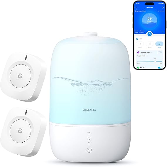 GoveeLife Wireless Mini Smart Button Sensor, Group Control Multiple Devices B5122, GoveeLife Smart Humidifiers for Bedroom, 3L Top Fill Cool Mist Humidifiers with RGB Night Light H7140