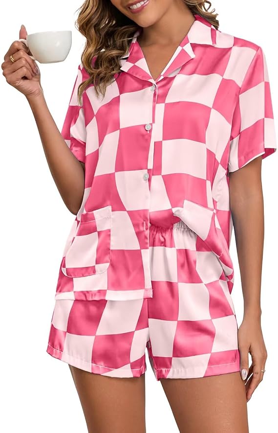 Brosloth Women Silk Pajamas Summer Short Sleeve Plaid Satin Pajama Sets