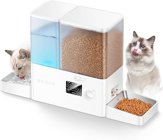 8.5L Automatic Cat Feeder,ROJECO 2-in-1 Pet Feeder with Timer,Large Capacity Cat Food Dispenser with Food Feeder and Water Fountain,Stainless Steel Bowl,Knob Control Automatic Feeders for Cats Dogs