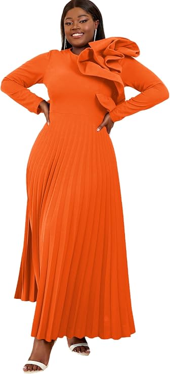 AOMEI Women's Long Sleeve with Asymmetrical Ruffles Pleated A-Line Maxi Dress Elegant Formal