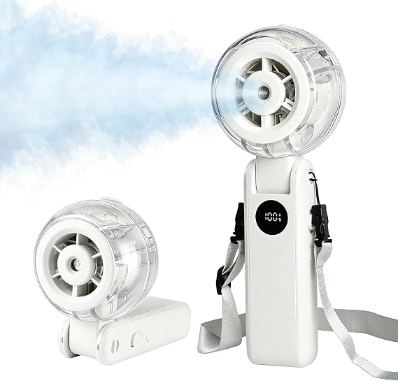 DERLULU Portable Handheld Fan with Mist, Foldable Long-lasting Rechargeable Personal Desk Fan, 1-100 Variable Speeds Small Cooling Spray Fan with Lanyard, Wearable Neck Fan for Travel, Office, White