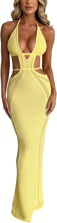 Women's Crochet Halter Maxi Dress Sexy Backless Summer Beach Vacation Dress