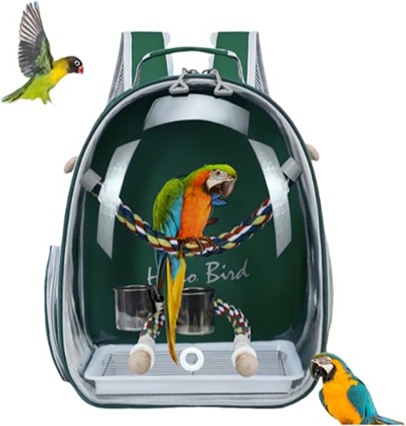 Bird Traval Carrier Cage Backpack for Carry Parakeet Cockatiel Parrot | Multi Vent Holes Clear Space Capsule Astronaut with Metal Tray Wood Perch, Vet Transport Book Bag (Green)