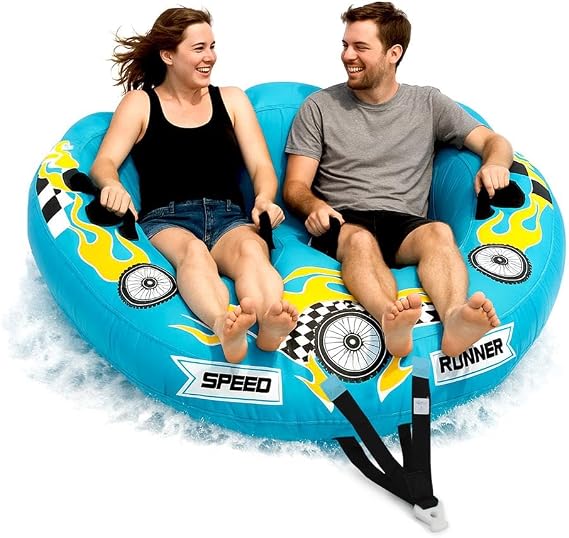 Serenelife Inflatable Towable Tube for Boating 2-4 Person, 4500 lbs Pulling Capacity, Deck Seats & Backrest, Premium Nylon Cover, Grab Handles, Front/Back Tow Points, Speed Safety Valve