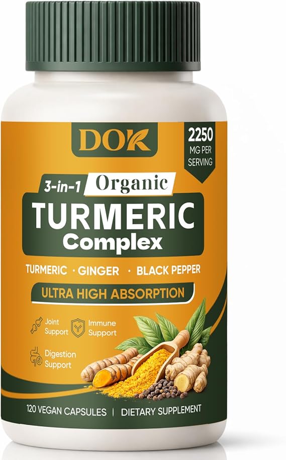 Turmeric Organic 3-in-1 Complex, Turmeric Curcumin Supplement with Black Pepper & Ginger 2250mg, Daily Support, Vegan, Non-GMO, 120 Count (A)