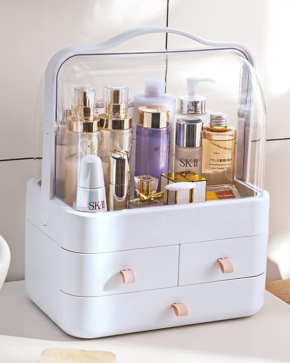 Makeup Organizer and Storage for Vanity Skincare Cosmetic Dustproof Preppy Skin Care Make Up Portable Organizers With Lid And Drawers Countertop (White)