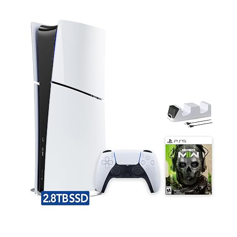 PlayStation 5 Slim Upgraded 2.8TB Digital Edition Call of Duty Modern Warfare II Bundle and Mytrix Controller Charger - White, Slim PS5 2.8TB PCIe SSD Gaming Console