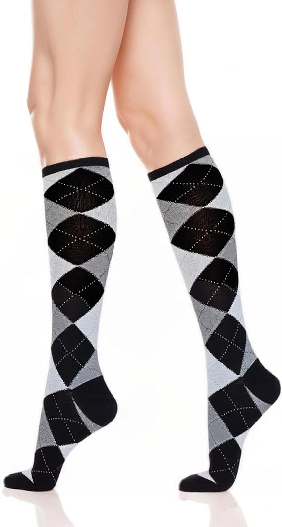 Argyle Knee High Socks Women Girls Novelty Vintage Argyle Knee Highs Checkered Patterned Cotton Long Tube Calf Socks