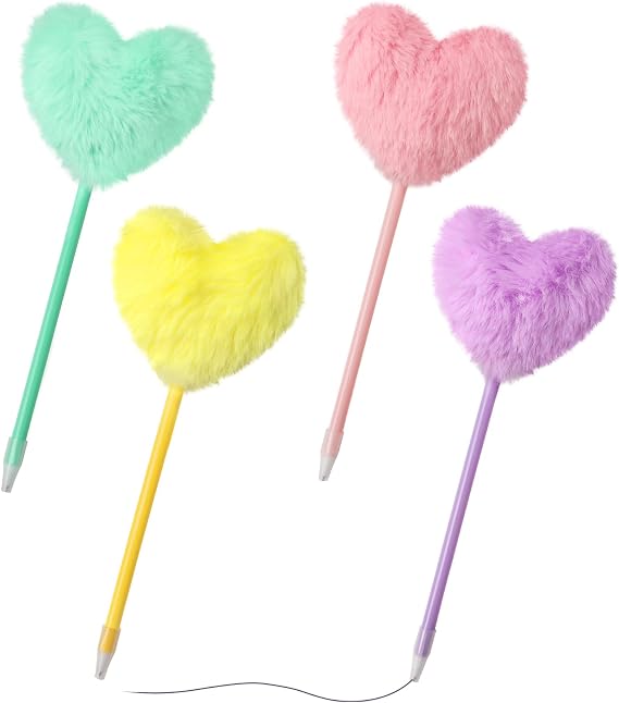 Pom Pom Ballpoint Pen 4 Pack Heart Shape Puffy Pens Fluffy Pen for Girls Colorful Fuzzy Pens Ballpoint Pens for Office and Party Supplies