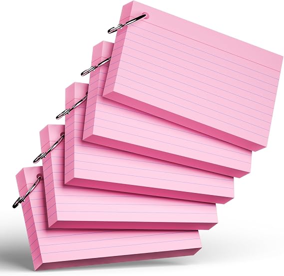 250 Count Pink Index Cards with Ring 3 x 5 Inch Heavyweight Ruled Index Cards, Flash Cards for Office & School Supplies and Home Organization, Durable Study To Do List Note Cards with Ruled Lines