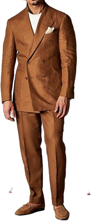 Men's Casual Linen Blazer&Pants Lightweight 2 Pieces Double Breasted Peaked Lapel Classic Daily Suit