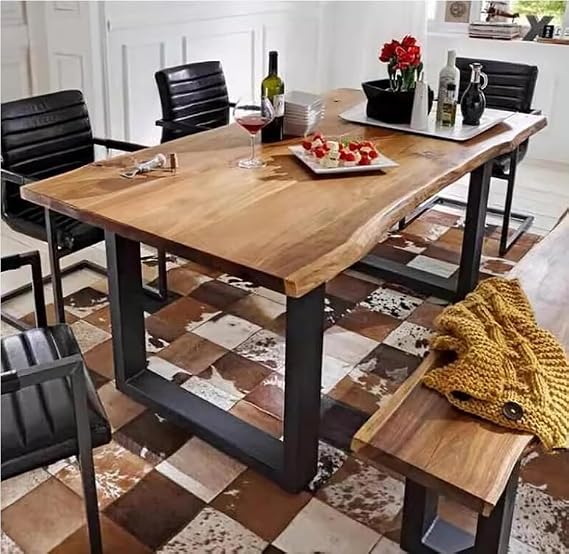 Farmhouse Live Edge Dining Table, Industrial Solid Wood Dining Table for 2,4,6,8 - Rectangle Kitchen Table with Wooden Top & Metal Base - Long Dining Room Table