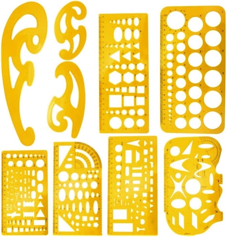 KAHEIGN 9Pcs French Curve and Template Ruler Set, Geometric Drawing Templates Stencils Plastic Measuring Rulers for Drawing Engineering Drafting Building School Office Supplies