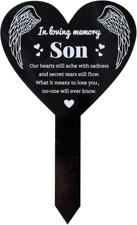 GLOBLELAND Heart Shaped Son Garden Stake Memorial Remembrance Plaque for Cemetery Acrylic Grave Stake Waterproof Sympathy Garden Plaque for Yard Grave Cemetery