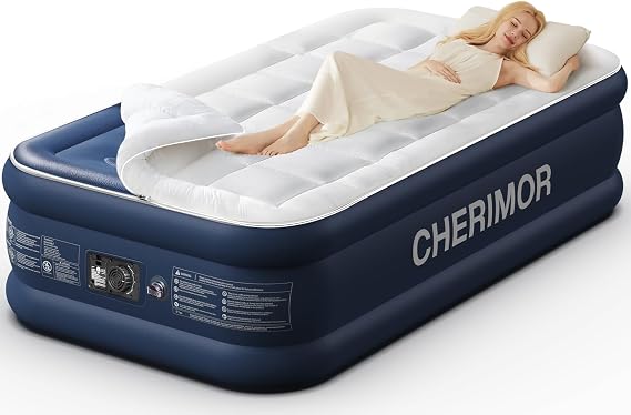 CHERIMOR Twin Air Mattress with Built-in Pump & Luxury Quilted Topper (Washable & Detachable), 20" Raised Comfort, 450lb Support, 2.5 Min Fast Inflate, Blow up Mattress for Guest Camping & Sleepover