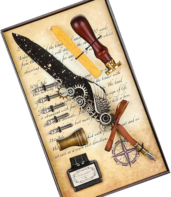 Feather Pen and Ink Set Includes Dip Pen, 5 Replacement Nibs and wax seal stamp Pen Holder for Writing Lovers (Black)