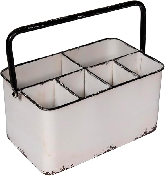Creative Co-Op Metal Caddy with 6 Compartments, Handle, and Distressed Enamel Finish, White and Black