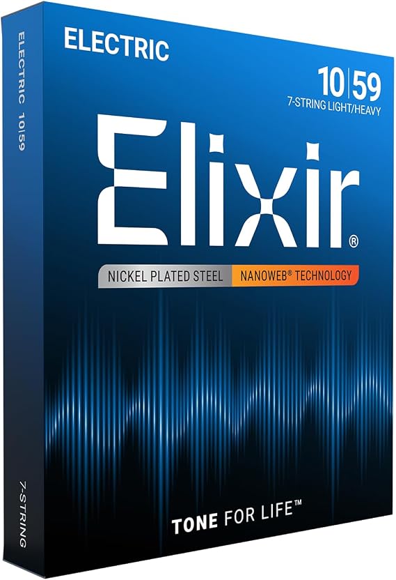 Elixir Strings, Electric Guitar Strings, Nickel Plated Steel with NANOWEB Technology, Longest-Lasting Bright Tone with Comfortable Feel, 7 String Light/Heavy 10-59