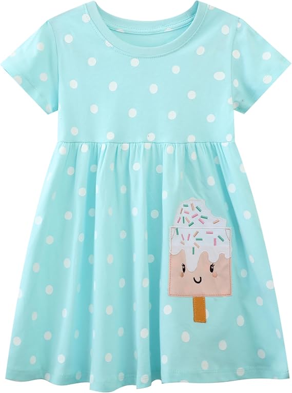 AIWUHE Toddler Girls Dress Cotton Casual Short Sleeve Striped Jersey Dresses Summer Cartoon Dinosaurs Appliques Shirt 2-7Y
