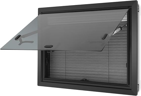 RV Push-Out Window 600mm x 450mm Tempered Glass Campervan Window 65° Ventilation Universal Motorhome Windows with Integrated Black Out Blind & Fly Net Screen for Caravans / Trailers / Vans