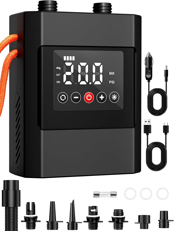 20PSI High Pressure Electric Paddle Board Pump, Rechargeable Battery-Powered, Electric SUP Air Pump with 12V DC Car Connector, Intelligent Dual Stage for Inflatable Paddle Board, Kayak, Boats