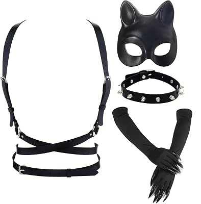 BADALU Cat woman Costume Accessories for Women - Halloween Mask, Gloves, Punk Belt &Necklace Outfit Set gothic clothes for women Masquerade Cat Face Mask for Night Club & Cosplay