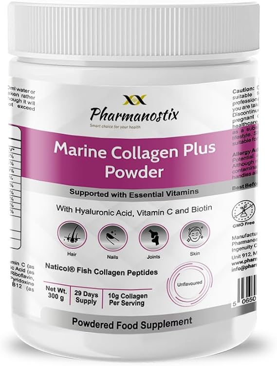 Pharmanostix Hydrolysed Marine Collagen Plus Powder 300g - 10,000mg Collagen with Hyaluronic Acid, Biotin, Vitamin C & B Vitamins - Type 1 & 3 Pure Naticol Collagen - UK Manufactured (Unflavoured)
