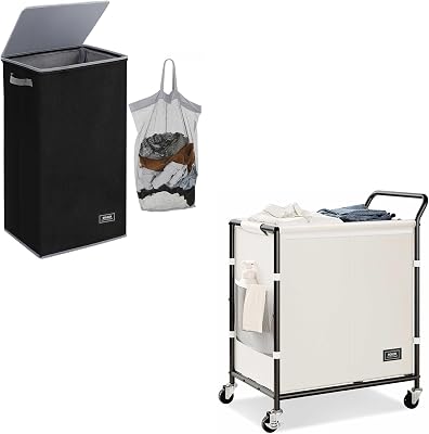 SOLEDI 100L Laundry Hamper with Lid and 145L laundry Cart with Wheels for Bathroom, Laundry room, Bedroom,