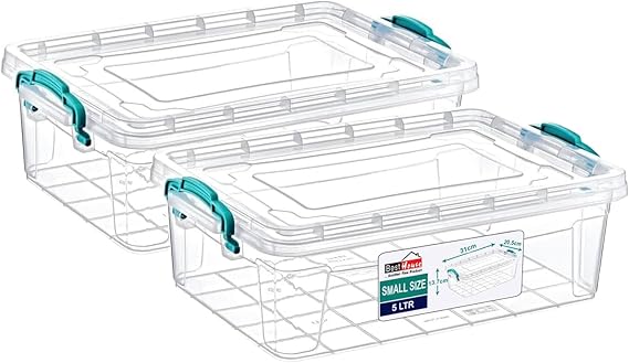 Best House| Plastic Storage Box with Clips & Lid | Size 5L (L:32.2cm W:20.5cm H:13.6cm)| Set of 2| Rectangle|Stackable Clear Durable Multipurpose Office Home Kitchen Tool Versatile(SMALL Size)-5Litres