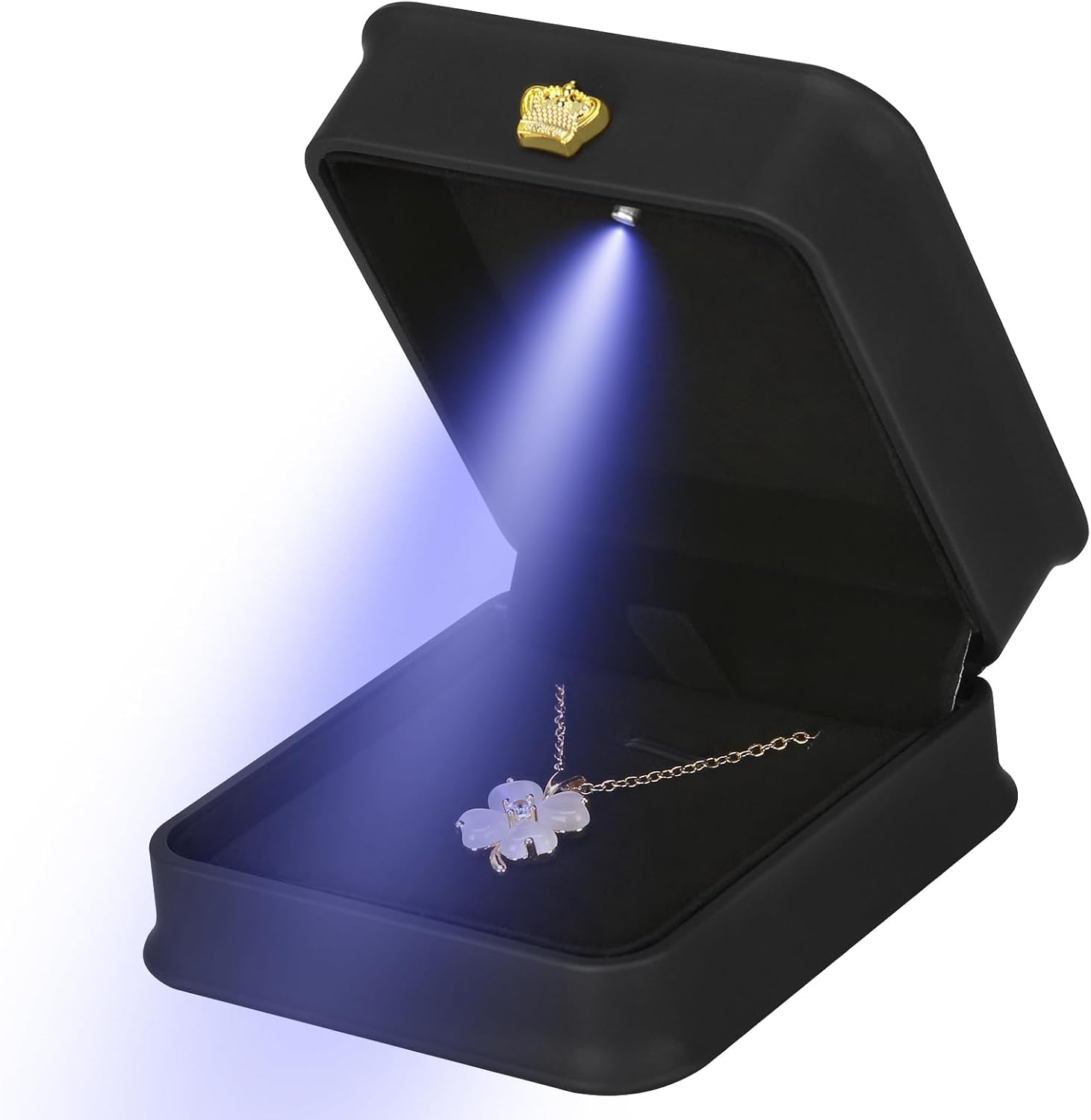 Necklace Pendant Gift Box with LED Light, Premium PU Leather Jewellry Storage Display Case for Wedding Engagement Birthday Anniversary Ceremony for Women Girl Black