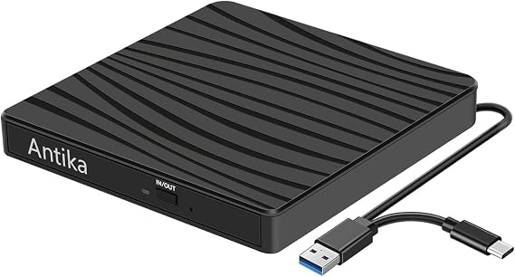 Antika CD DVD Drive for Laptop Type-C USB 3.0 CD Player DVD CD Burner Reader Writer Duplicator +/-RW ROM for Laptop Desktop Compatible with MacBook Apple OS /Win11/ 10/7/8.1/XP