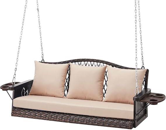 ZZW Upgraded Wicker Hanging Porch Swing Heavy Duty 900lbs 3-Seat Outdoor Patio Swing Chair Bench for Adult w/ 8.9ft Hanging Chains Cushions and Cup Holder