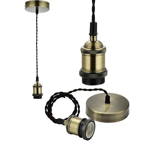 Vintage Retro Ceiling Pendant Light Fitting, 1M Bronze Twisted Braided Flex, E27 Lamp Holder Suspended Pendant Light Fitting Kit