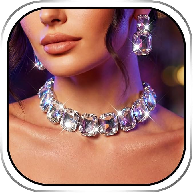 JEAIRTS Silver Rhinestone Choker Statement Necklace Jewelry Set for Women