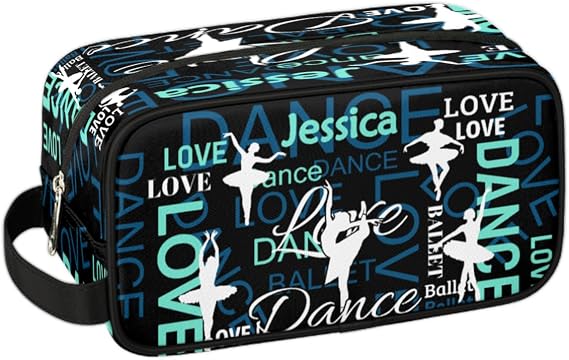 Personalized Ballet Dance Makeup Bag with Name, Custom Cosmetic BagsTravel Toiletry Bags Waterproof Makeup Pouch Organizer Case for Women, Blue Black