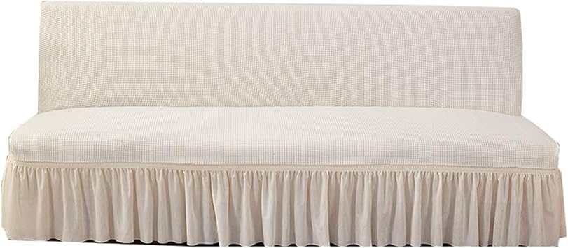 XJHKG Armless Sofa Bed Cover, Elastic Fitted Full Folding Futon Slipcover with Skirt(Color:White,Size:Medium)
