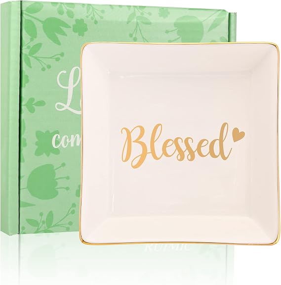 Blessed Thank You Gifts for Women - Ceramic Ring Trinket Dish, Jewelry Tray - Appreciation Gratitude Gifts for Mom, Daughter, Nurse